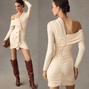 Anthropologie MISHA Long-Sleeve Ruffle-Front Mini Dress NEW in Vanilla Cream XL